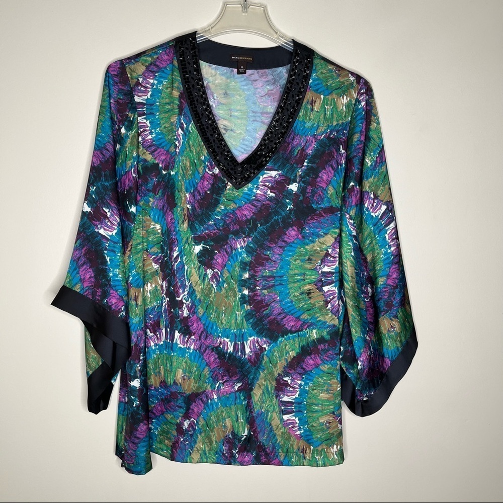 Dana Bachman Water Colors Asymmetric Sleeves Sequin Around Neckline Tunic SZ XL